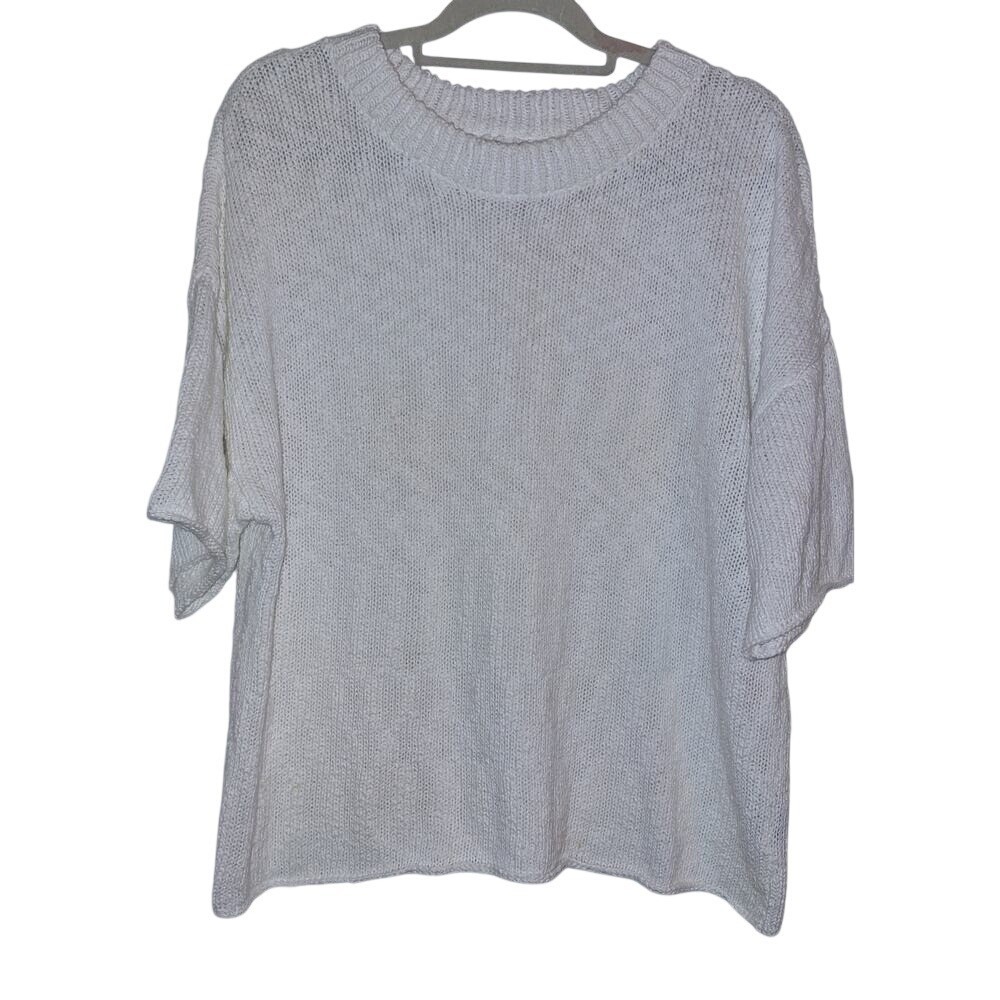 Stateside Womens‎ Cotton Linen Blend Short Sleeve Knit Sweater White Large